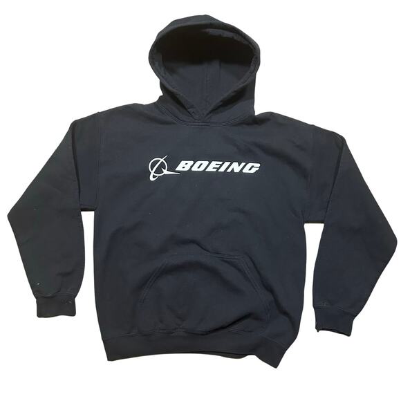Y2K Boeing Airplanes Spell Out Logo Black Hoodie Sweatshirt - Picture 1 of 3